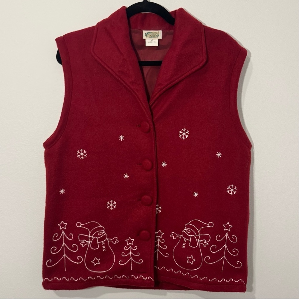 Collections Etc Holiday Button-Up Vest Snowmen & Snowflakes Embroidered SZ - M